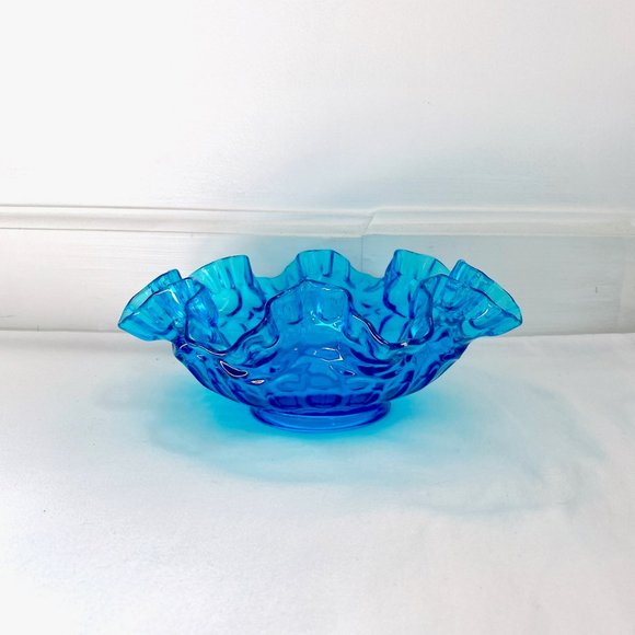 FENTON TURQUOISE GLASS RUFFLE EDGE CREST BOWL BRIDES BOWL (9") - Picture 1 of 9